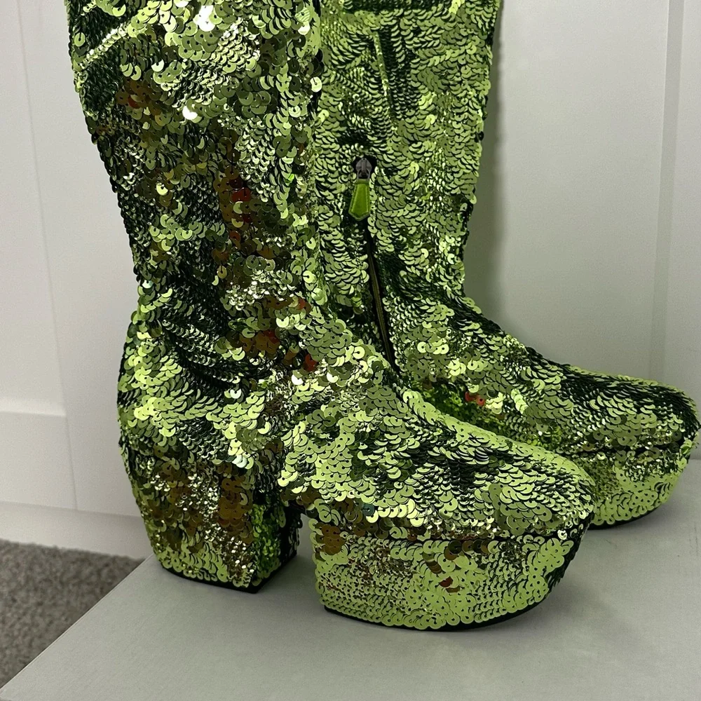 Prada Green Sequined Platform Boots - Picture 6 of 12